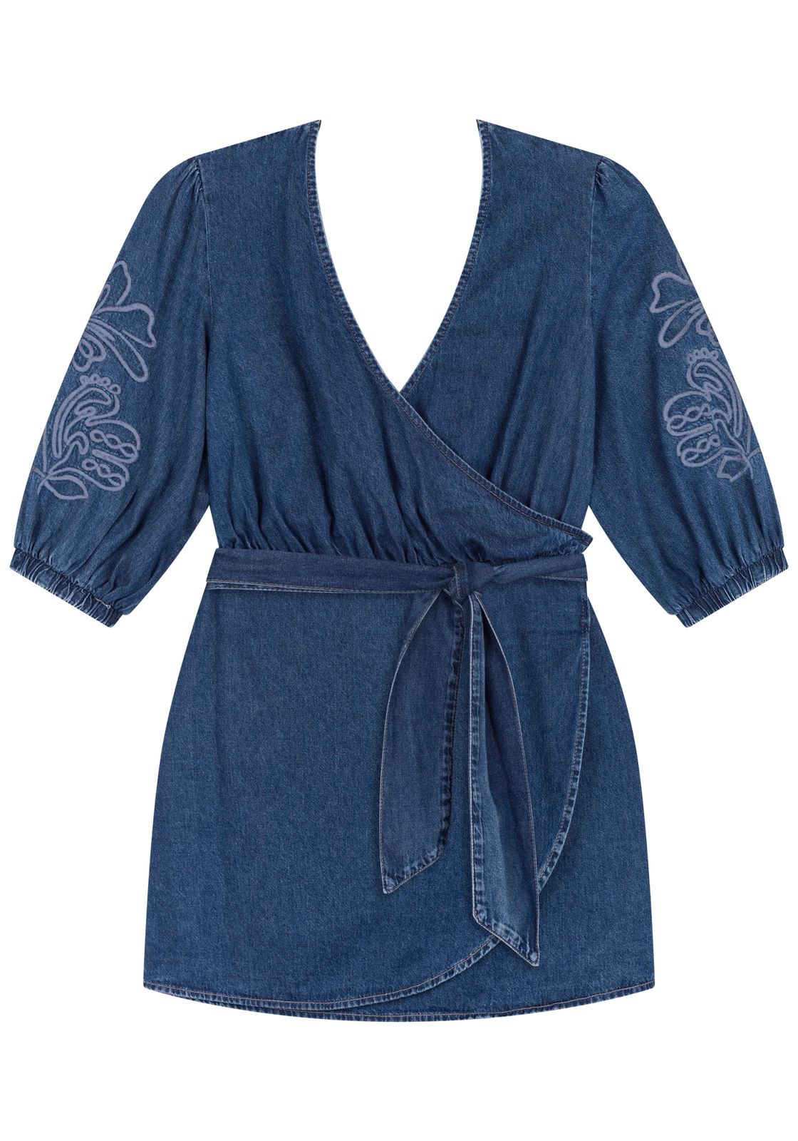 Vestido Curto Jeans Com Mangas Bufantes E faixa Ajustável - Imagem 3