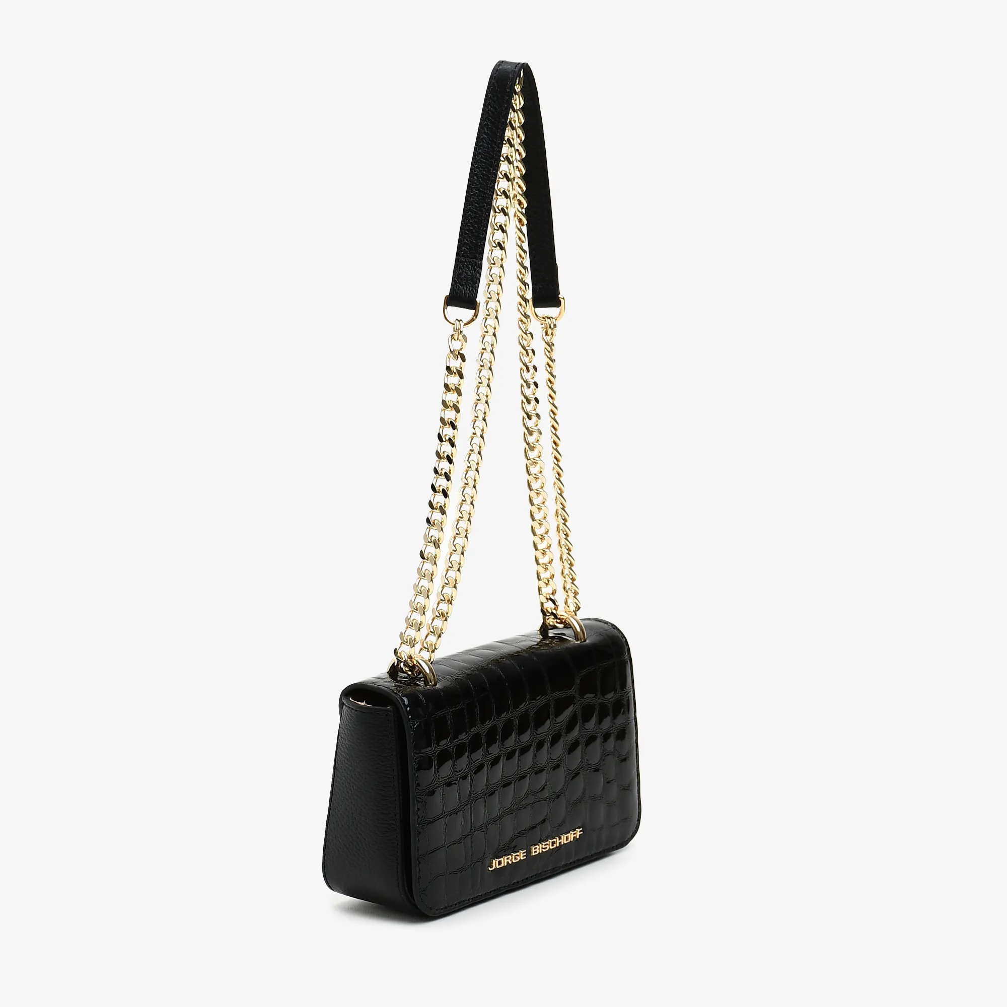 Bolsa Transversal Preto Dourado Couro Croco - Jorge Bischoff - Imagem 3